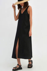 Vestido midi informal de lino con escote en V, abertura frontal, sin mangas, color negro